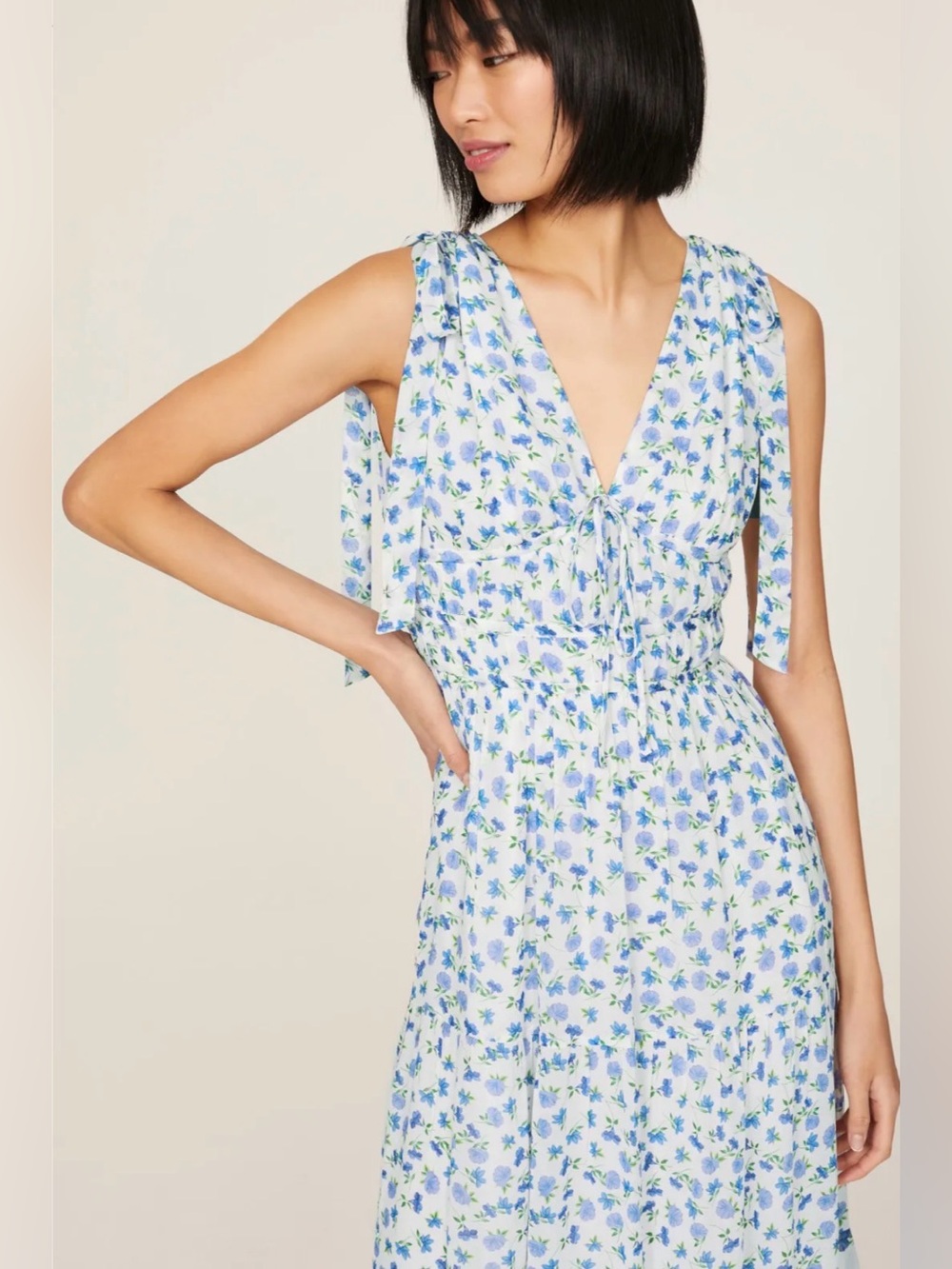 Shoshanna Helena Floral Tie-Sleeve V-Neck Midi Dress - Blue size 8 - Picture 7 of 15
